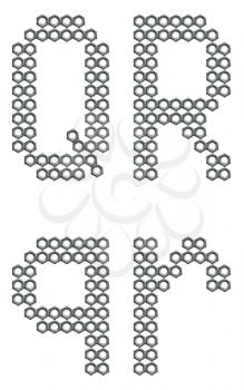 Letters of alphabet, Q and R, composed of screw nuts, industrial font