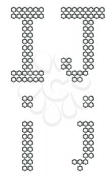 Letters of alphabet, I and J, composed of screw nuts, industrial font