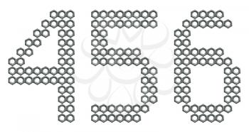 Digits figures, 4, 5 and 6, composed of screw nuts isolated on while background