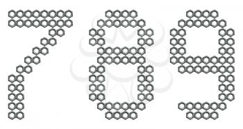 Digits figures, 7, 8 and 9, composed of screw nuts isolated on while background