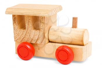 wooden train toy with red wheels isolated on white background