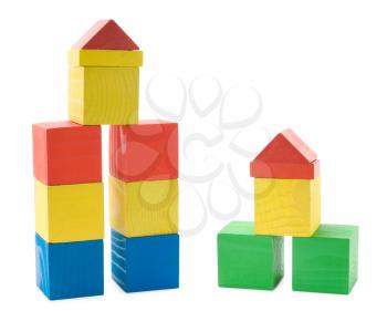 Buildings from wooden blocks toys isolated on white background