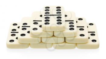 Domino building in the shape of pyramid on white background