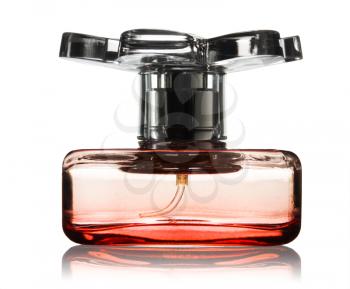 Red perfume bottle on white background