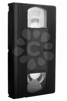 Old VCR video tape without label in diagonal view isolated on white background