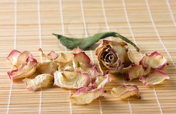 Dry rose flower, petals and dried green leaf lie on a straw mat close-up view