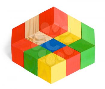 Impossible toy, illusion, unreal wooden colored cubes construction on white background