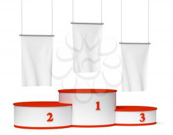 Sports winning and championship and competition success symbol - round sports pedestal, winners podium with empty red first, second and third places and blank white flags, 3d illustration, isolated, d