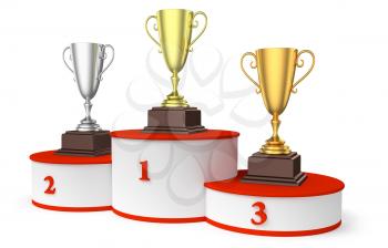 Sports winning and championship and competition success concept - golden, silver and bronze winners trophy cups on round sports pedestal, white winner podium with red stairs, diagonal, 3d illustration