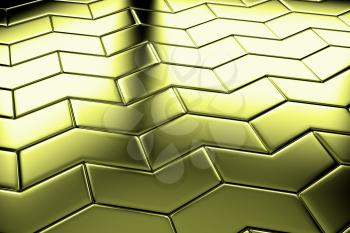 Golden blocks in shape of arrows flooring metal surface diagonal view shiny abstract industrial background