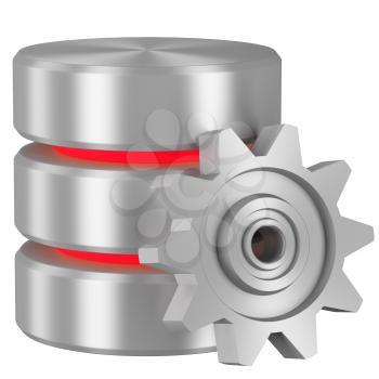 Data processing concept icon: Database with red elements and metal cogwheel isolated on white background