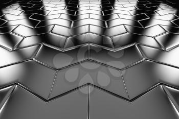 Steel arrow blocks flooring perspective view shiny abstract industrial background