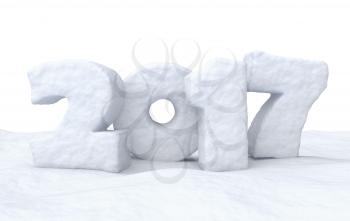 Happy New Year creative holiday background - 2017 new year sign text written with numbers made of snow on the snow surface, Happy New Year 2017 winter snow symbol, 3d illustration, isolated on white