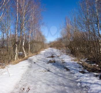 Spring country road covered with melting snow under the spring sun under a clear blue sky