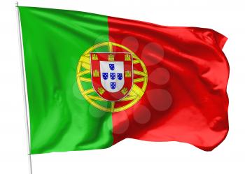 National flag of Portuguese Republic (Portugal) on flagpole flying in the wind isolated on white, 3d illustration