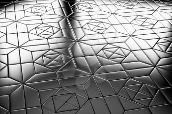 Abstract industrial creative metal construction monochrome illustration: decorative steel flooring metal surface with square ornament closeup diagonal view under bright lights, industrial 3d illustrat