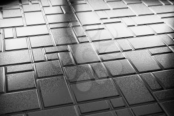 Abstract industrial creative metal construction monochrome illustration: decorative steel flooring metal surface with rectangular plate closeup diagonal view under bright lights, industrial 3d illustr