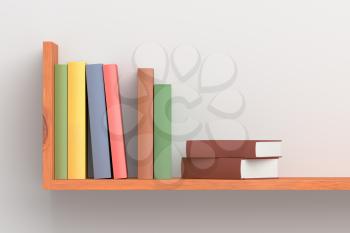Colored books on wooden bookshelf on white wall 3D illustration