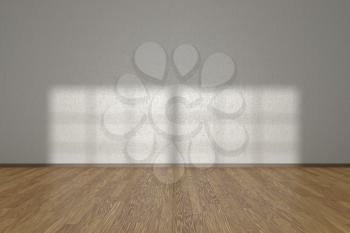 White wall of empty room with wooden parquet floor under sun light through window, 3D illustration
