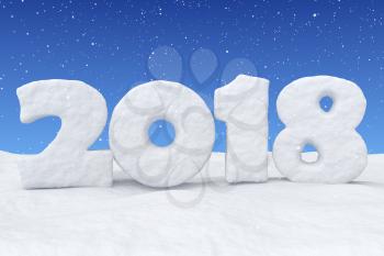 2018 New Year sign text written with numbers made of snow on snow surface in snowy field under blue sky and snowfall, winter snow symbol 3d illustration