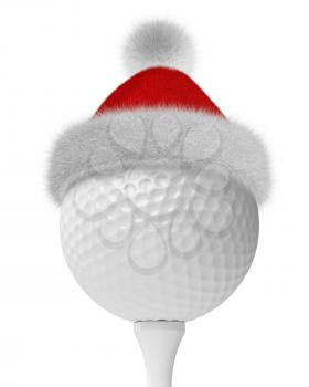 New Year and Christmas holidays sport leisure creative concept: white golf-ball on tee in Santa Claus fluffy red hat with red and white fur isolated on white backgroung 3d illustration
