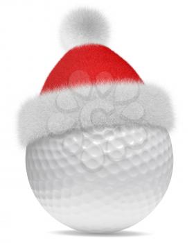 New Year and Christmas holidays sport leisure creative concept: white golfball in Santa Claus red hat with red and white fur isolated on white backgroung 3d illustration