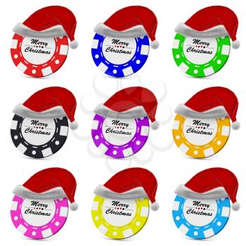 Merry Christmas gamble casino chips in red fluffy Santa Claus hat collection set with sign on white background 3D illustration