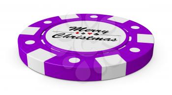 Merry Christmas gamble purple casino chip with sign on white background 3D illustration