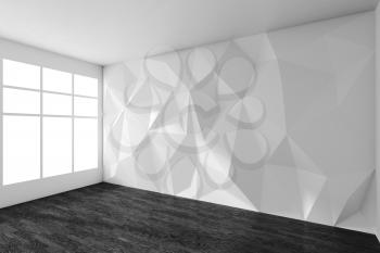 Empty white room interior with wall with rumpled triangular geometric surface with sunlight, window, black wooden parquet floor and ceiling, 3d illustration