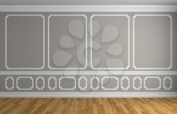 Simple classic style interior illustration - gray wall with white decorative elements on the wall in classic style empty room with wooden parquet floor with white baseboard, 3d illustration interior