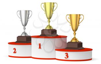 Sports winning and championship and competition success concept - golden, silver and bronze winners trophy cups on the round sports pedestal, white winners podium with red stairs 3d illustration