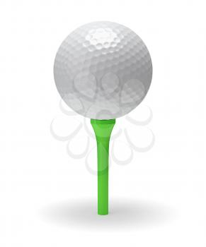 Golf ball on green tee 3D illustration isolated on white background