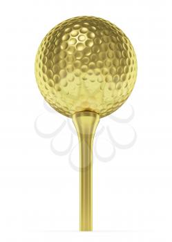 Golf sport competition winning and golf trophy concept: golden yellow shiny golf-ball on tee isolated on white background 3d illustration