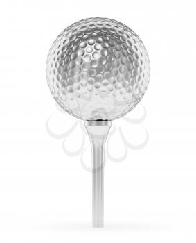 Golf sport competition winning and golf trophy concept: silver shiny golf ball on the tee with shadow isolated on white background 3d illustration