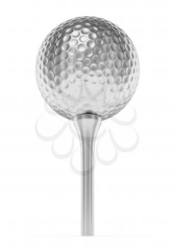 Golf sport competition winning and golf trophy concept: silver shiny golf ball on tee with shadow isolated on white background 3d illustration