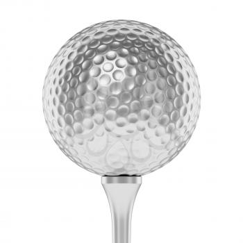 Golf sport competition winning and golf trophy concept: silver shiny golf ball on tee closeup isolated on white background 3d illustration