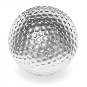 Golf sport competition winning and golf trophy concept: silver shiny golf-ball with shadow isolated on white background 3d illustration