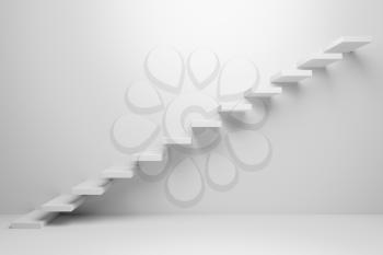 Ascending stairs of rising staircase going upward in white empty room, abstract white 3d illustration - Business growth, progress way and forward achievement creative concept