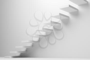 Ascending stairs of rising staircase going upward in white empty room abstract 3d illustration. Business growth, progress way and forward achievement creative concept.