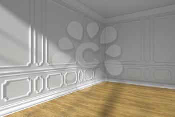 Empty white room corner interior with sunlight from window, white decorative classic style molding frames on walls, wooden parquet floor and white baseboard, 3d illustration