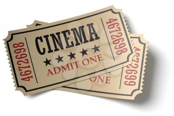 Vintage retro cinema creative concept: pair of retro vintage cinema admit one tickets made of yellow textured paper isolated on white background with shadows, closeup view, 3d illustration
