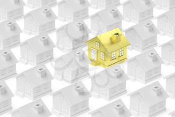 Uniqueness, individuality, real estate business creative concept - gold unique house standing out from crowd of gray ordinary houses 3d illustration.