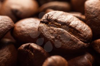 Brown roasted coffee beans in dark close-up macro photo natural food background, selective focue, shallow depth of field.