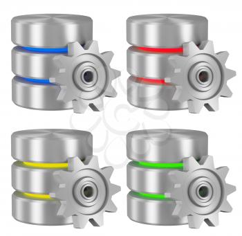 Data processing concept icons collection: Database with metal cogwheel isolated on white background