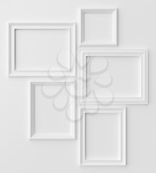 White blank photo frames on white wall with shadows, white colorless picture frames template set, photoframe mock-up 3D illustration