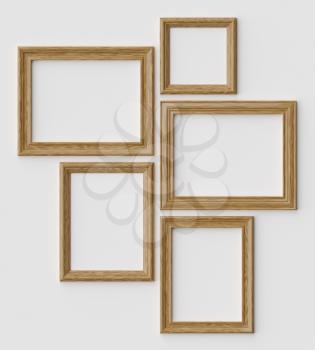 Wood blank picture or photo frames on white wall with shadows, decorative wooden picture frames template set, art frame mock-up 3D illustration
