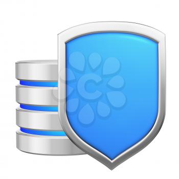 Database behind metal blue shield protected from unauthorized access, data privacy concept, 3d illustration icon isolated on white background for Data Protection Day