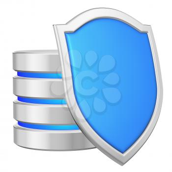 Data base behind blue metal shield on right protected from unauthorized access, data protection concept, 3d illustration icon isolated on white background for Data Protection Day