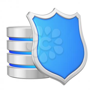 Data base behind metal blue shield on right protected from unauthorized access, data privacy concept, 3d illustration icon isolated on white background for Data Protection Day