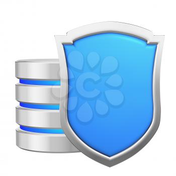 Database behind blue metal shield protected from unauthorized access, data privacy concept, 3d illustration icon isolated on white background for Data Protection Day